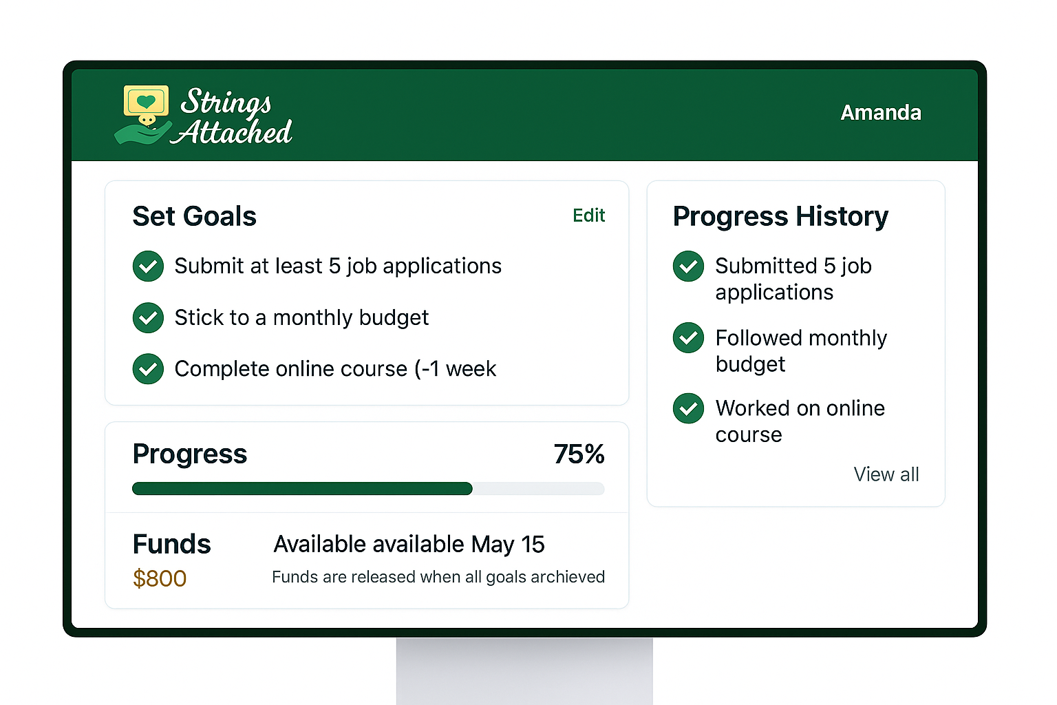 Strings Attached Dashboard Mockup